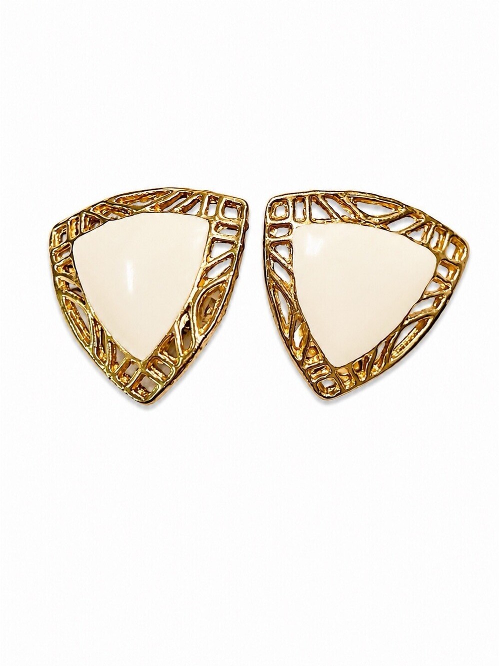 Vintage Gold Tone White Enamel Triangle Clip On Earrings Openwork G